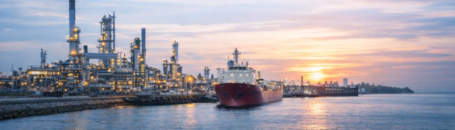 Refinery and marine terminal at sunset, representative of ES&C INC. energy sector service work